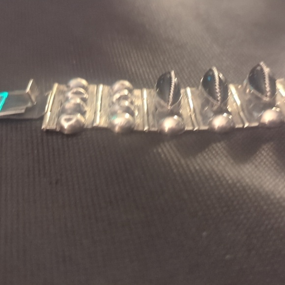 CHUNKY Vintage Mexican Sterling & Onyx Bracelet 1940s Brutalist - Picture 9 of 12